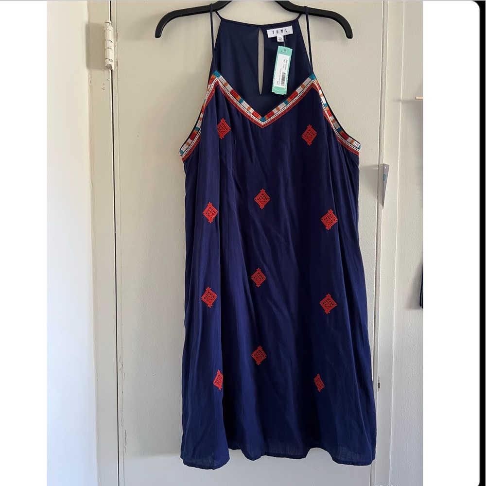 THML Navy Blue Mini Dress with Red Embroidery